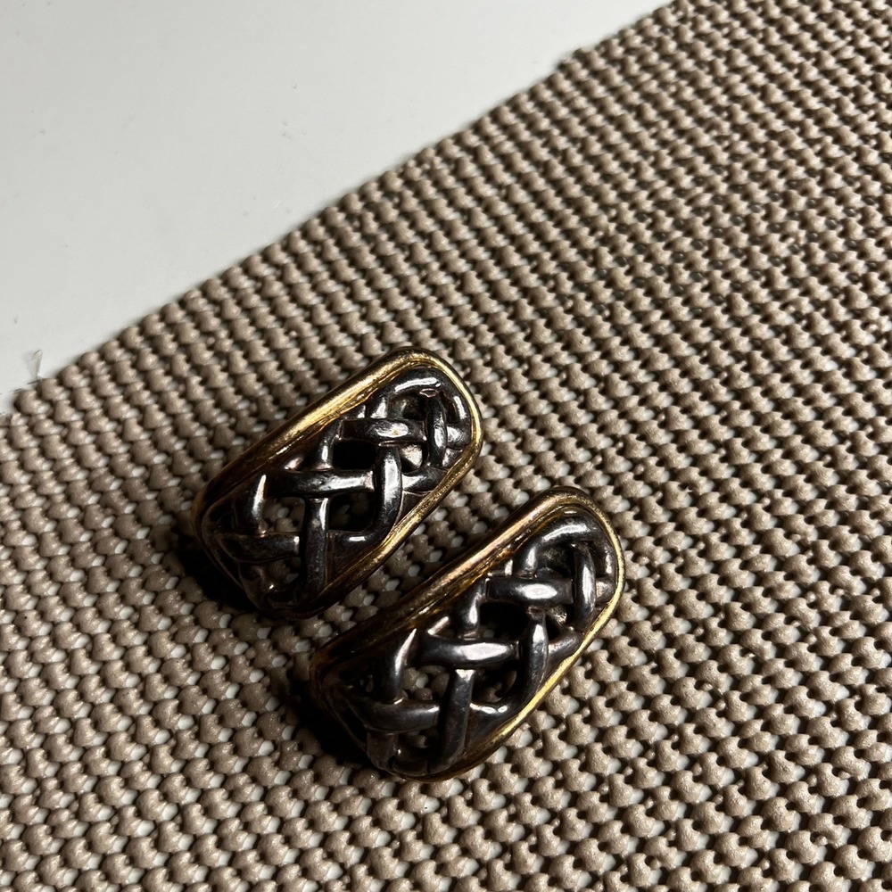 Art Vintage 925 Sterling Silver Two Tone Basketweave Clip On Earrings